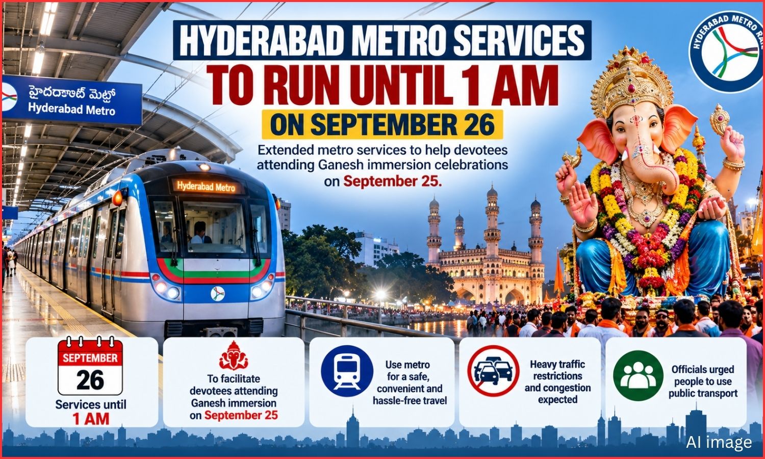 گنیش وسرجن کے لیے میٹرو سروسز میں توسیع | Hyderabad Metro Services