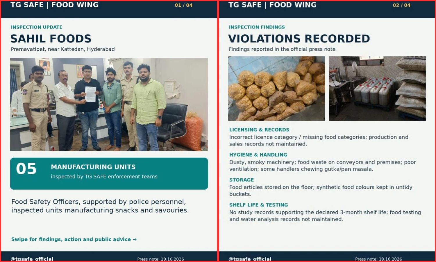 حیدرآباد میں 55 ٹن غذائی اشیا ضبط | TG Safe Food Inspections